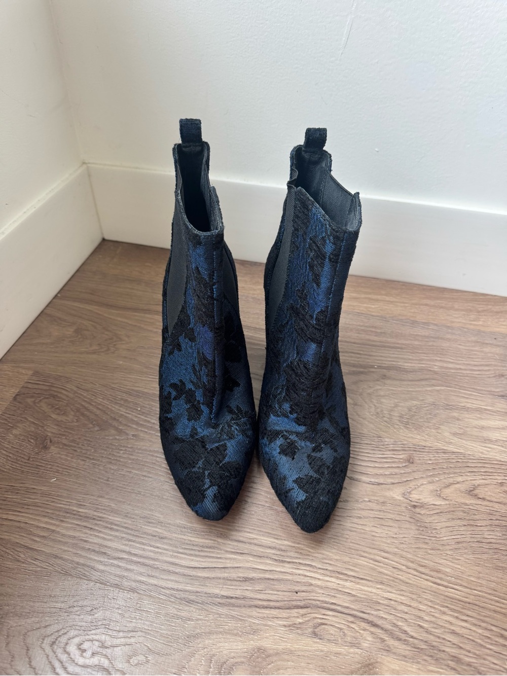 Vince Camuto Black and Navy Floral Chelsea Ankle Boots